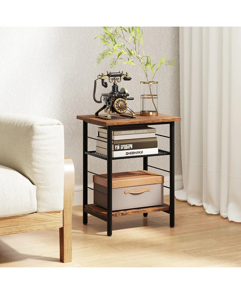 Gymax 2PCS 3-Tier Side End Table w/ Adjustable Mesh Shelf Narrow Nightstand