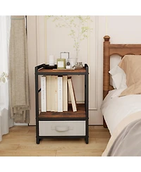 Gymax Nightstand Industrial Bedside Table w/ Open Storage Shelf and Fabric Drawer