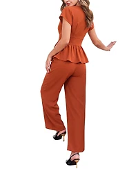 Cupshe Women's Elegant V-Neck Belted Peplum Top and Wide Leg Pants Two-Piece Set