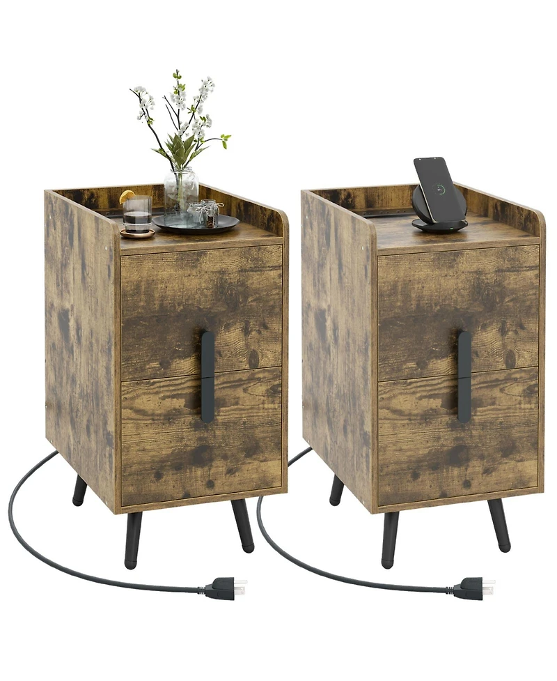 Gymax Set of 2 Nightstand w/ Charging Station Home Bedside Sofa Side Tables Drawers Cafe