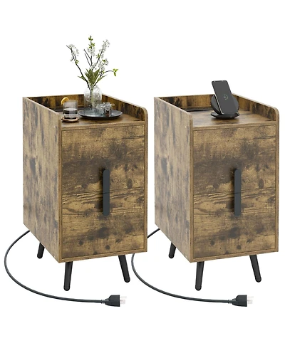 Gymax Set of 2 Nightstand w/ Charging Station Home Bedside Sofa Side Tables Drawers Cafe