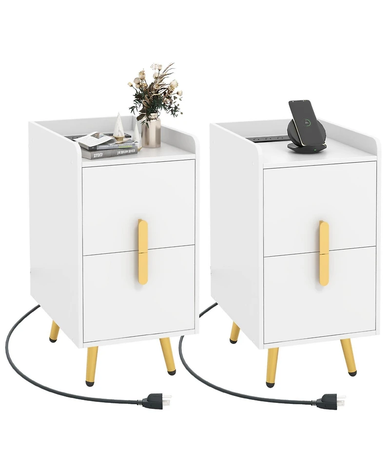 Gymax Set of 2 Nightstand w/ Charging Station Home Bedside Sofa Side Tables w/ 2 Drawers Cafe
