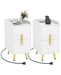 Gymax Set of 2 Nightstand w/ Charging Station Home Bedside Sofa Side Tables w/ 2 Drawers Cafe