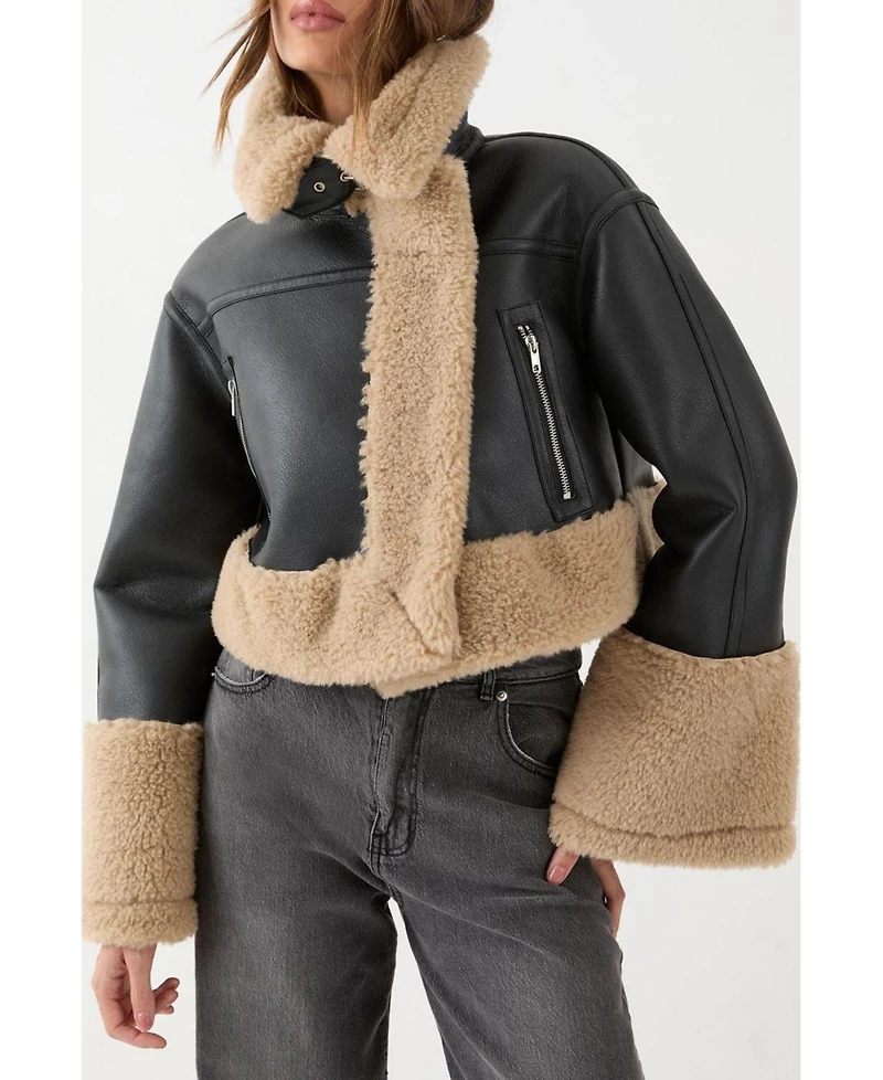 MissPap Women's Faux Fur Trim Aviator Jacket