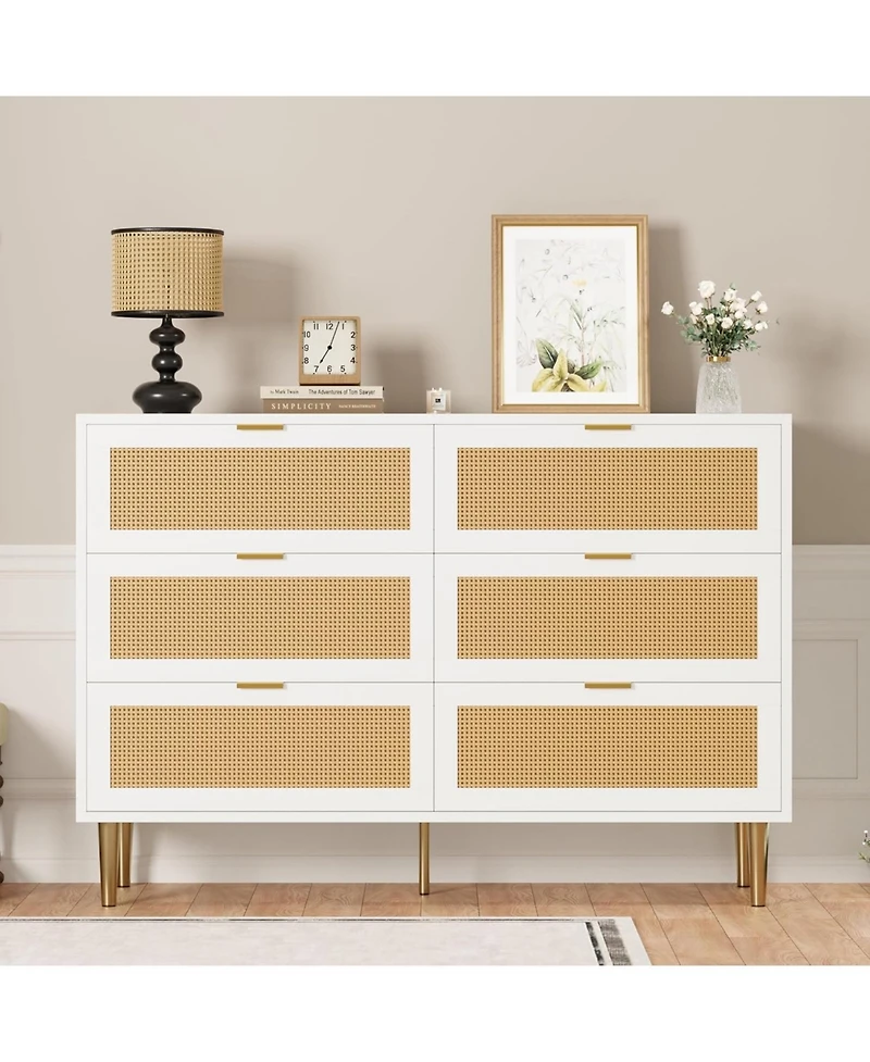 gaomon Rattan 6 Drawer Dresser with Gold Legs & Handles, Wide Wood Storage Cabinet