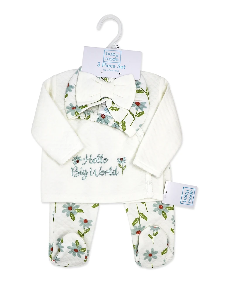 Baby Mode Girls' Long-Sleeve Top pant and Cap, 3-Piece Set