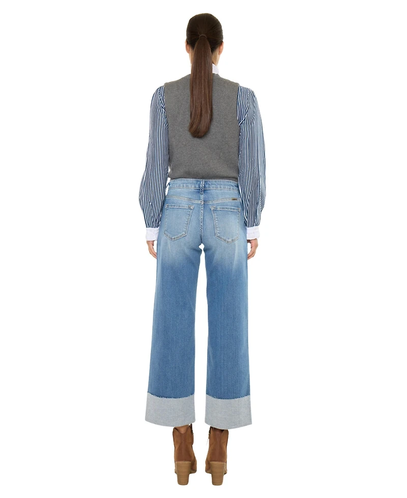 KanCan Women's Kenny Mid Rise Crop Wide-Leg Jeans