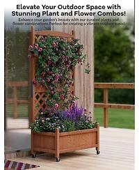 Xo 29.5" Wooden Raised Garden Bed with Trellis and Wheels, Planter Box for Climbing Plants Flowers, Outdoor Patio Balcony