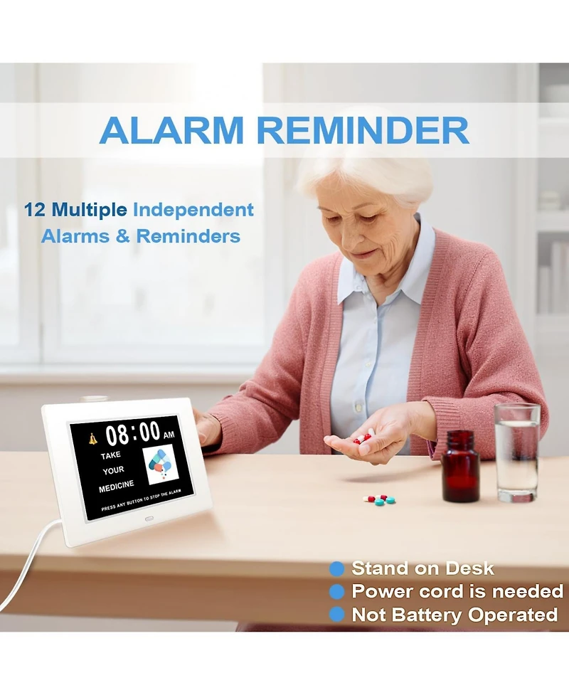 Jall Large Screen Digital Day Clock-2 to 5 Alarms for Medication Reminders Auto Dimming (Day and Night)-Ideal for Seniors and Dementia