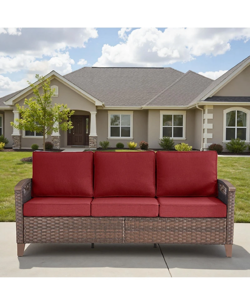 Pocassy Outdoor Patio Couch Sofa, All Weather Wicker 3 Seater Couch, Outdoor Seating Patio Furniture Sofa with Olefin Cushion