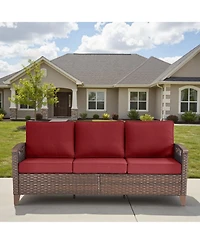 Pocassy Outdoor Patio Couch Sofa, All Weather Wicker 3 Seater Couch, Outdoor Seating Patio Furniture Sofa with Olefin Cushion