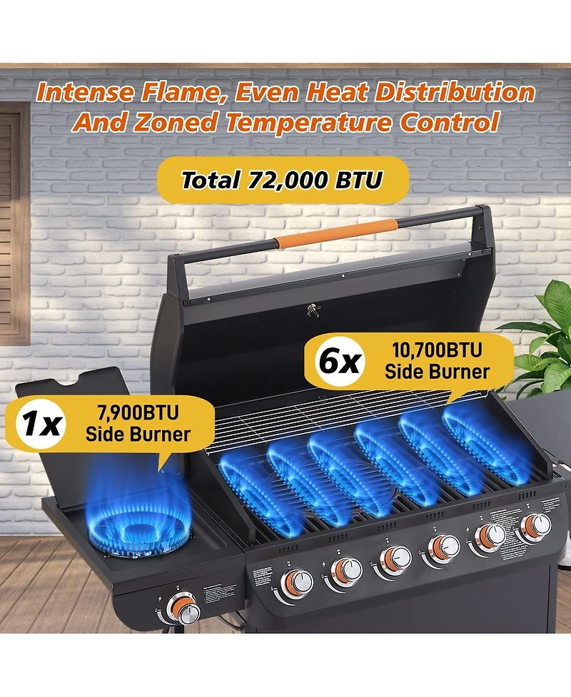 Asagikoiai 6 Burner Propane Gas Grill with Side Burner, 72000 Btu Stainless Steel Outdoor Bbq