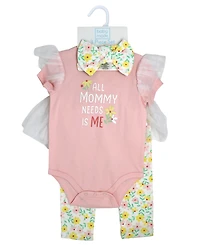 Baby Mode Girls' Short-Sleeve Bodysuit, Pant and Headband