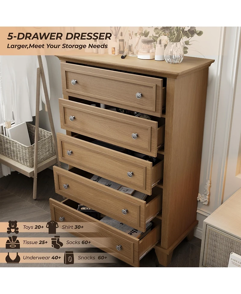 homfan 5-Drawer Tall Wooden Dresser with Anti-Tip Device and Metal Handles for Bedroom, Closet, Hallway, or Living Room