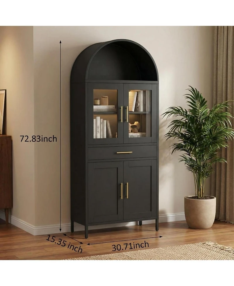 gaomon Steel Arched Bookshelf with Glass Door and Drawer, Durable Office Bookshelf for Living Room Office