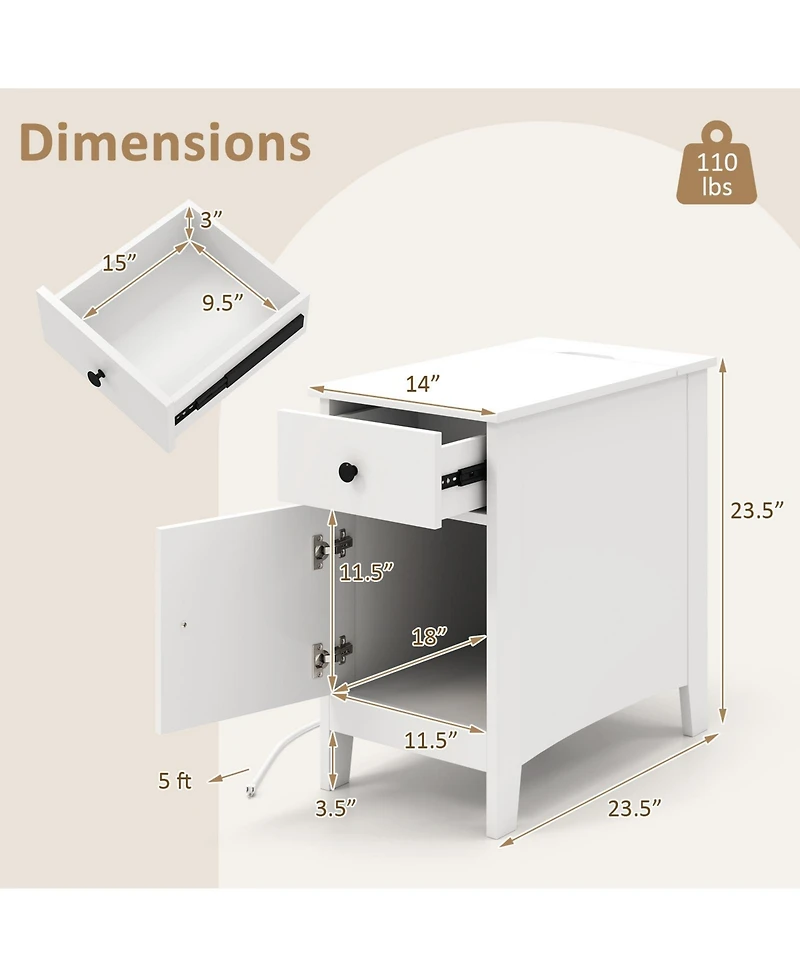 Gouun Flip-Top End Table with Charging Station, Drawer and Storage Cabinet