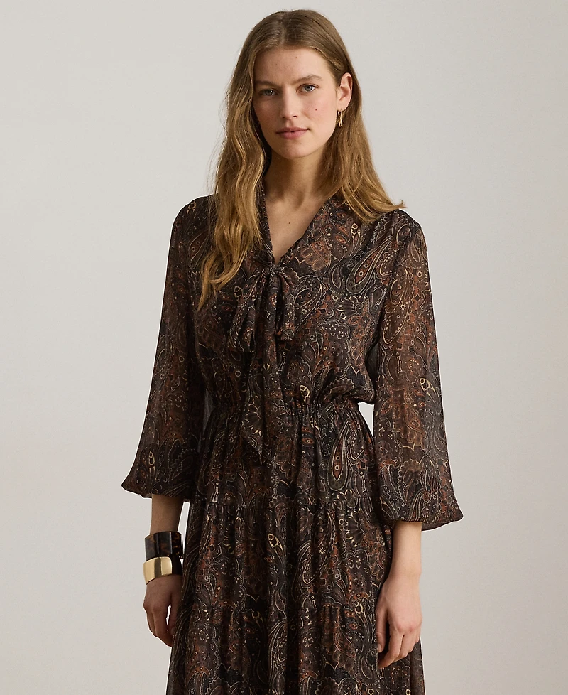 Lauren Ralph Petite Paisley Georgette Tie-Neck Tiered Dress