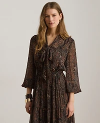 Lauren Ralph Petite Paisley Georgette Tie-Neck Tiered Dress