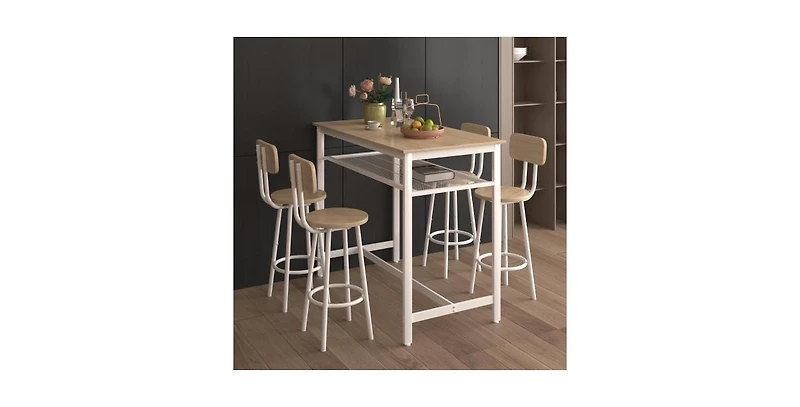 Flynama 5-Piece Kitchen Counter-Height Bar Table Set with 4 Stools, Storage Net for Small Spaces