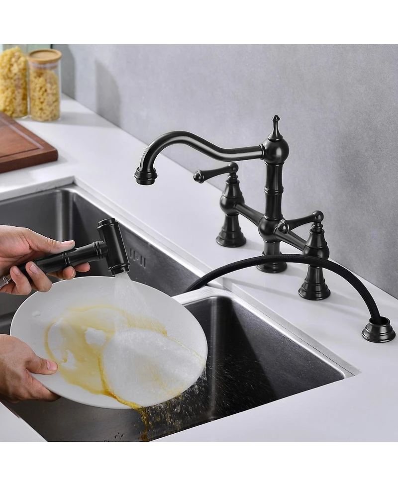 Phying Bridge Dual Handles Kitchen Faucet Modern High Arc Sink Faucet with Flexible Pull Out Side Spray for Home Kitchen Utility Sink