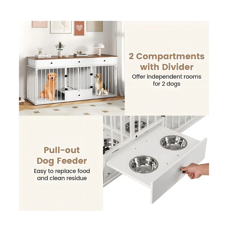 Ruie Indoor Dog Crate Kennel Furniture with Divider 3 Drawers and Pull-out Feeder