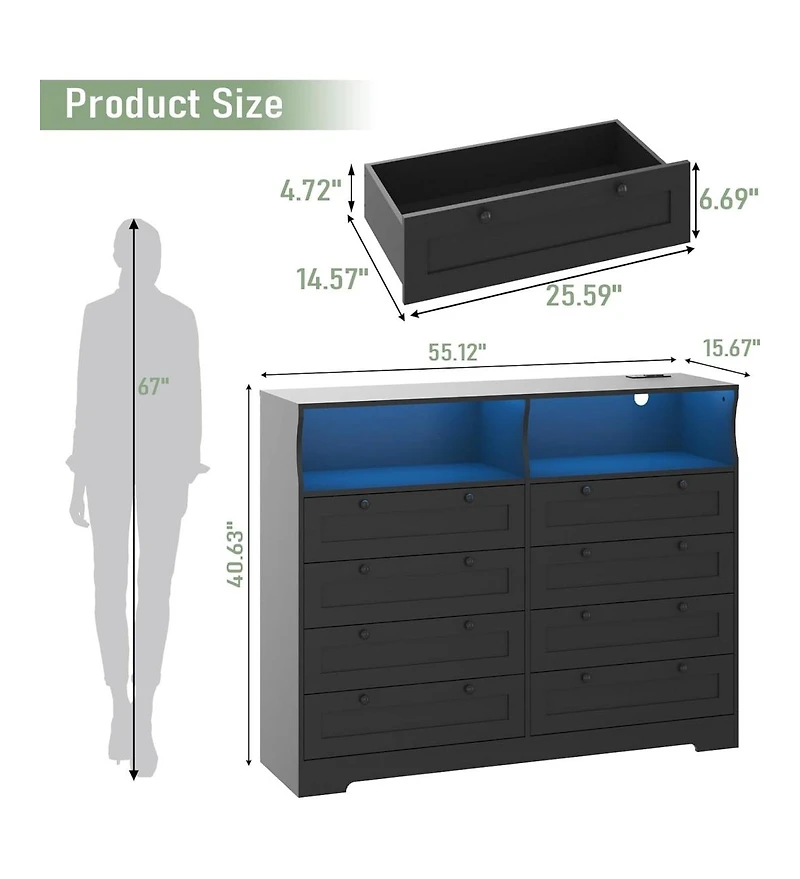 gaomon Dresser With 8 Drawers Wood Bedroom Dresser With Charging Station And Led Lights