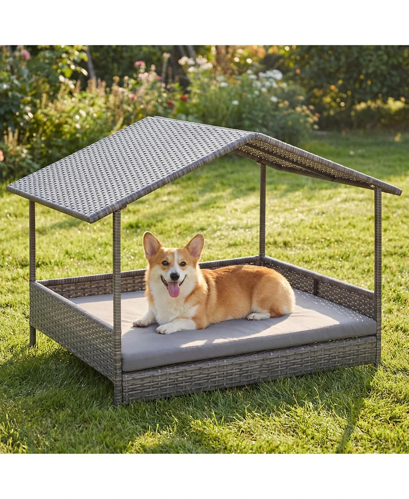 Cozito Wicker Dog House Elevated Pe Rattan Dog Bed with Canopy