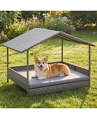 Cozito Wicker Dog House Elevated Pe Rattan Dog Bed with Canopy