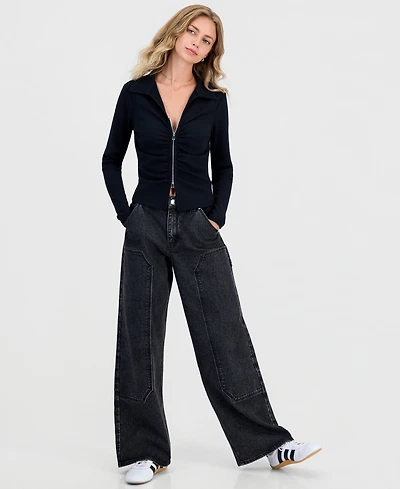 Ultra Flirt Juniors' Zip-Front Ribbed Knit Top