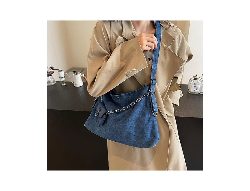 Susu Women's Drift Hobo Bag Slouchy Shoulder Crossbody Purse Casual Washed Denim Handbag with Chain Accent