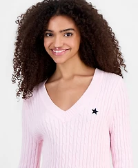 Madden Girl Juniors' Longline V-Neck Cable-Knit Sweater