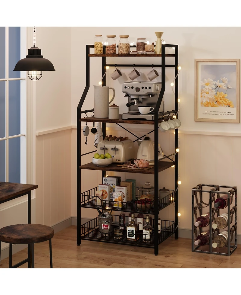 gaomon kitchen baking rack, microwave rack with 2 large metal wire baskets, coffee bar, 5-tier multifunctional storage 8 hooks
