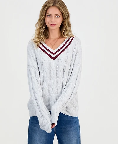 Hippie Rose Juniors' V-Neck Varsity Cable-Knit Sweater