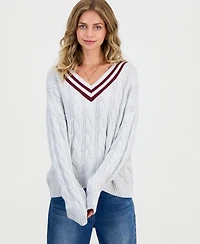 Hippie Rose Juniors' V-Neck Varsity Cable-Knit Sweater