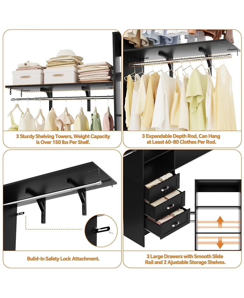 Aheaplus Closet Organizer System with Hanging Rods and Shelves, Wardrobe Drawers