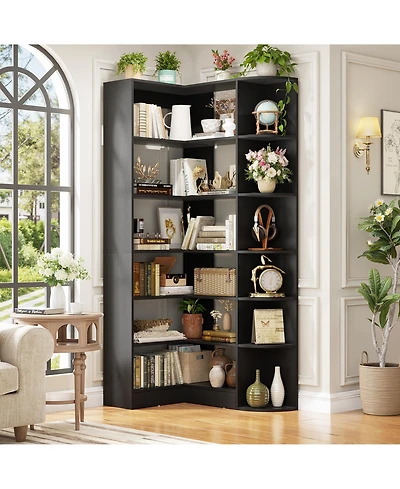 Aheaplus 71" Tall 6-Tiers Corner Bookshelf with Open Storage, Wooden Display Shelves for Bedroom