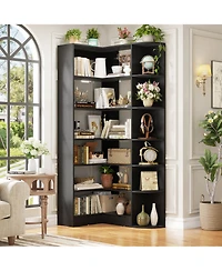 Aheaplus 71" Tall 6-Tiers Corner Bookshelf with Open Storage, Wooden Display Shelves for Bedroom