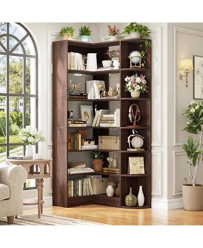 Aheaplus 71" Tall 6-Tiers Corner Bookshelf with Open Storage, Wooden Display Shelves for Bedroom