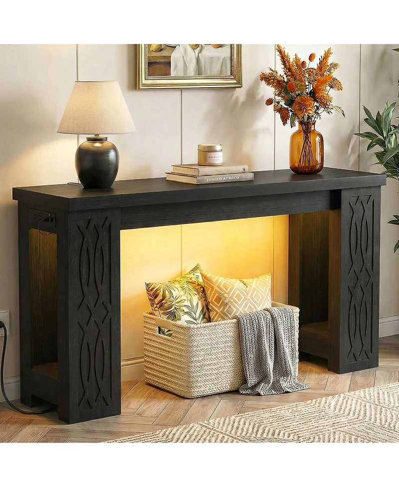 Aheaplus Wooden Console Table Sofa with Charging Station Entryway Led Lights