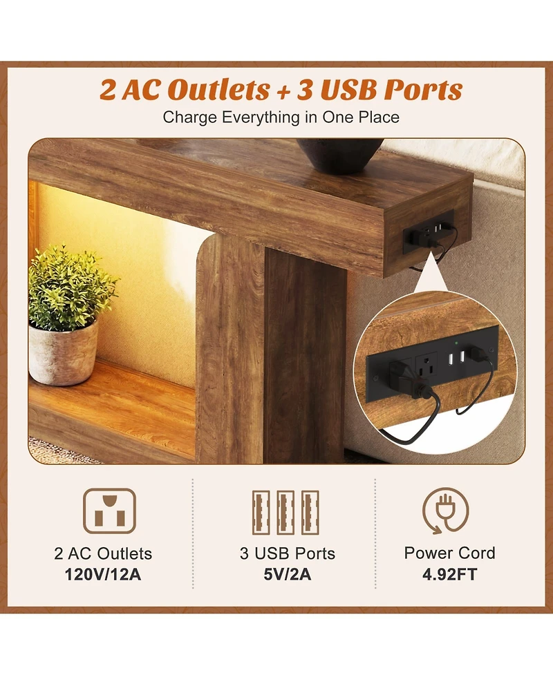 Aheaplus Entryway Table with Charging Station, Console Rgb Led Light, Wooden Sofa
