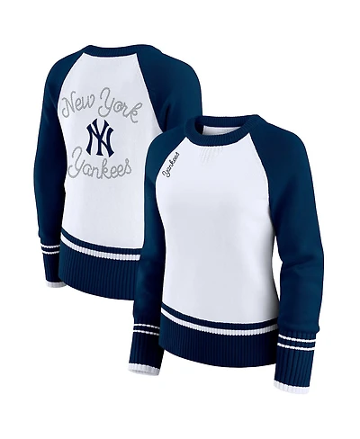 Wear by Erin Andrews Women's White New York Yankees Colorblock Raglan Sweater