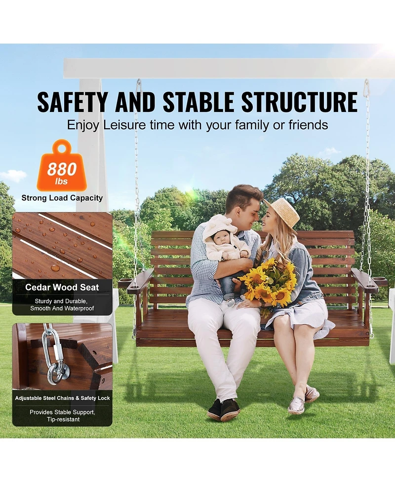 Cozito Wooden Porch Swing 5.5 feet with Cup Holders, Steel Chains and Cedar Wood Seat