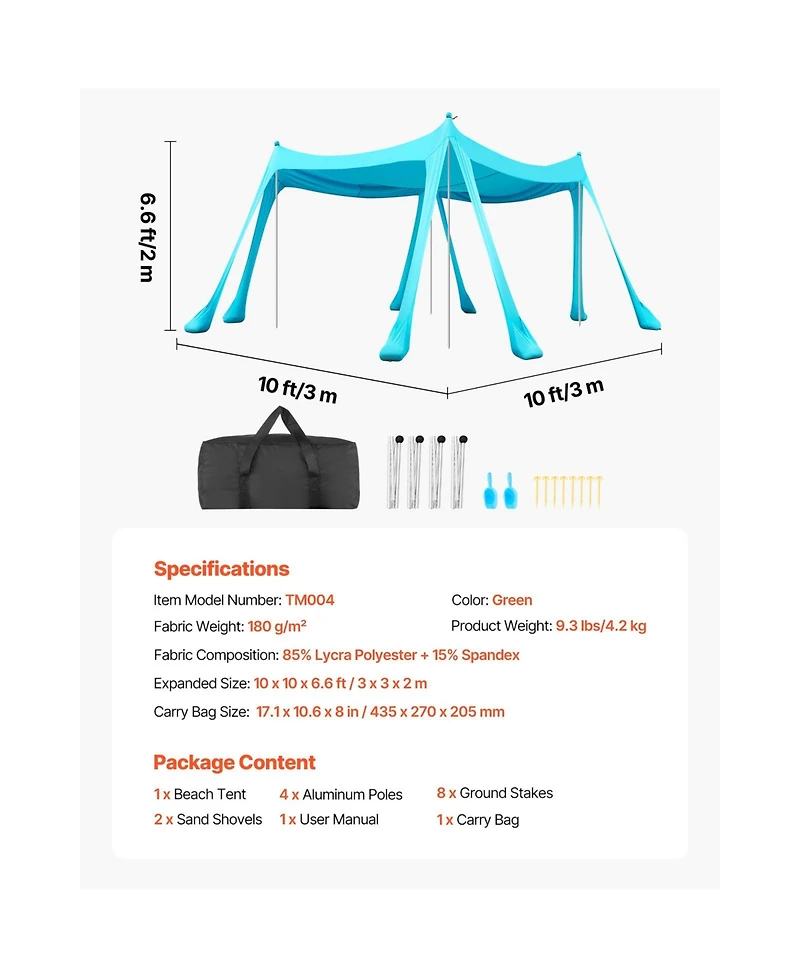 Cozito Beach Tent Sun Shelter 10 x 10 feet with Sandbags and Stability Poles