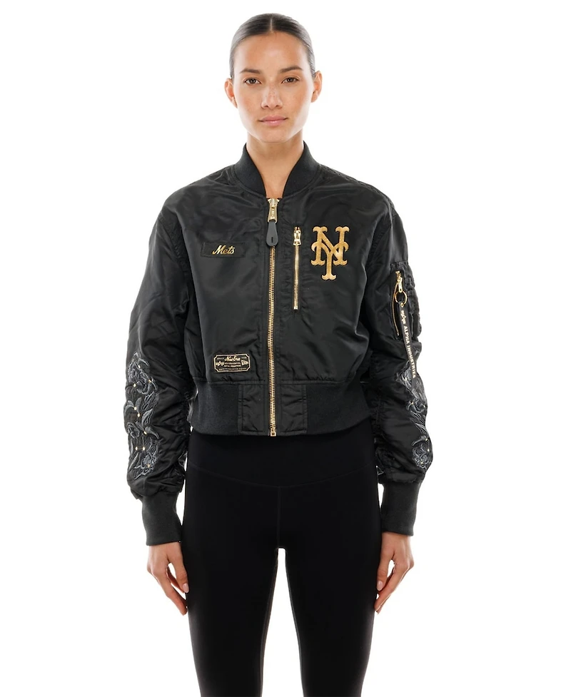 New Era X Alpha Industries Women's Black York Mets Cropped Full-Zip Jacket