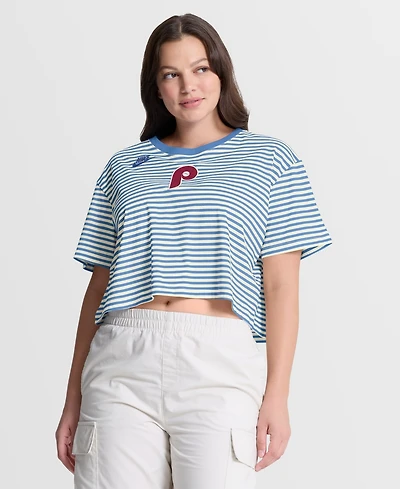 Nike Women's Light Blue/Cream Philadelphia Phillies Cooperstown Collection Striped Cropped T-Shirt
