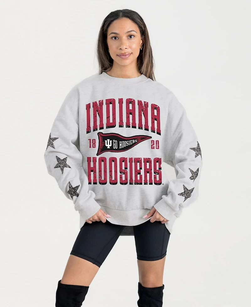 Gameday Couture Women's Ash Indiana Hoosiers Oversized Pennant Pride Rhinestone Star Sleeve Sweatshirt