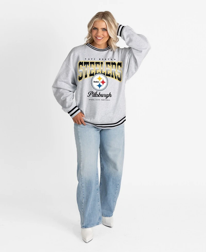 Gameday Couture Women's Ash/Black Pittsburgh Steelers Oversized Gridiron Drive Ringer Stripe Sweatshirt