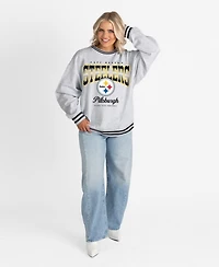 Gameday Couture Women's Ash/Black Pittsburgh Steelers Oversized Gridiron Drive Ringer Stripe Sweatshirt