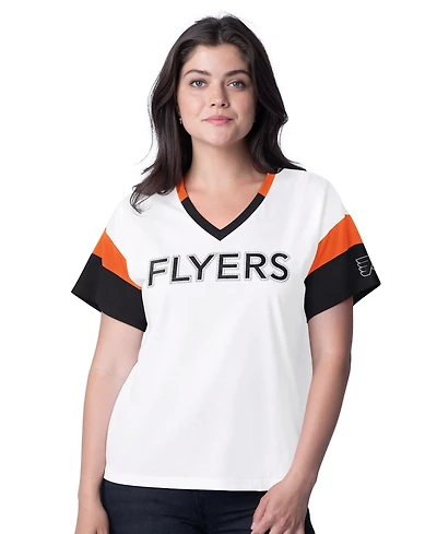 G-iii 4Her by Carl Banks Women's White Philadelphia Flyers Rink Oversized Rhinestone V-Neck T-Shirt
