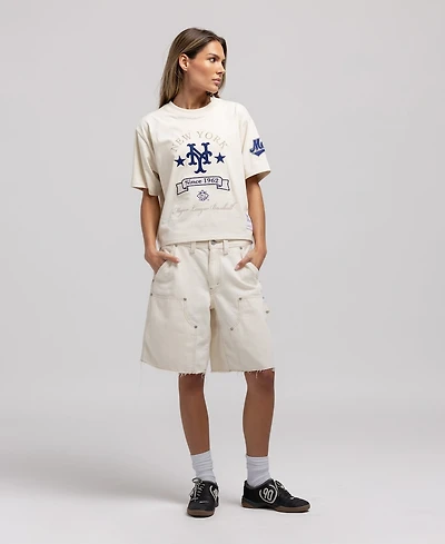 Mitchell & Ness Women's Cream New York Mets Cooperstown Yacht Rock Boxy Cropped T-Shirt